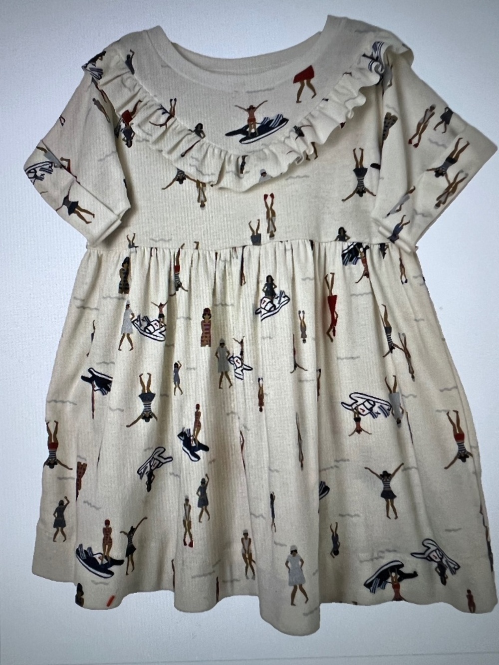 Petit Bateau 100% Cotton Girls Cream Beach/Surf Print Ruffle Dress Sz 4T France